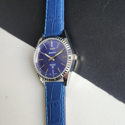 Vintage HMT Kohinoor Hand Winding 17 Jewels Blue Face Fluted Bezel Blue Leather strap Men's Wrist Watch G43