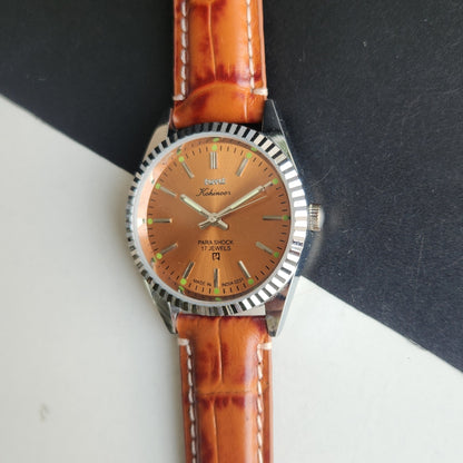 Vintage HMT Kohinoor Hand Winding 17 Jewels Orange Face Fluted Bezel Brown Leather strap Men's Wrist Watch G42