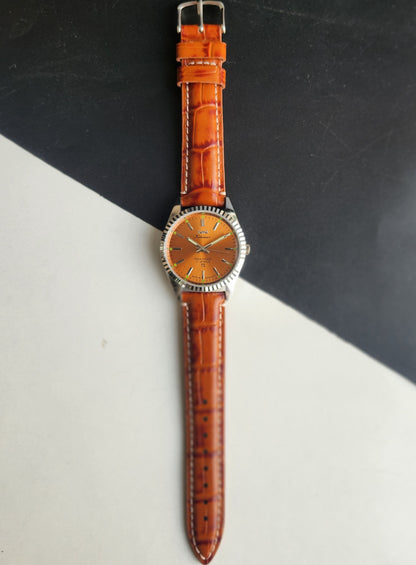Vintage HMT Kohinoor Hand Winding 17 Jewels Orange Face Fluted Bezel Brown Leather strap Men's Wrist Watch G42