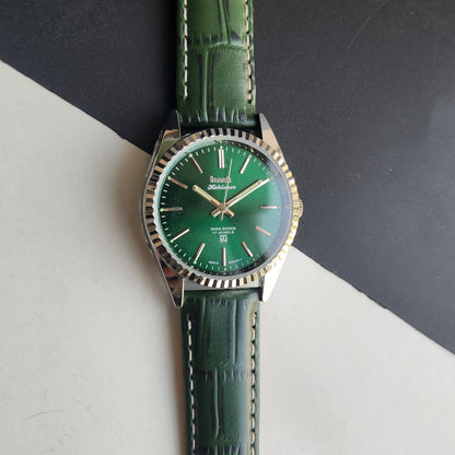 Vintage HMT Kohinoor Hand Winding 17 Jewels Green Face Fluted Bezel Green Leather strap Men's Wrist Watch G41