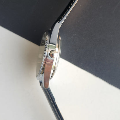 Vintage HMT Kohinoor Hand Winding 17 Jewels Grey Face Fluted Bezel Black Leather strap Men's Wrist Watch G40