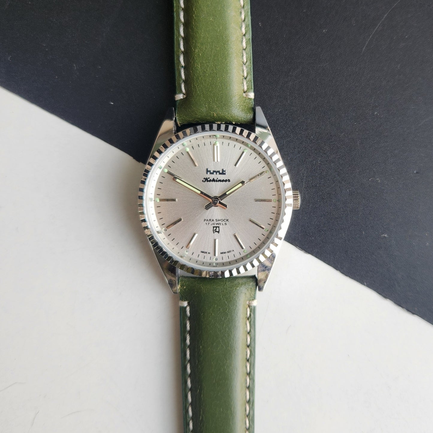 Vintage HMT Kohinoor Hand Winding 17 Jewels Silver Face Fluted Bezel Green Leather strap Men's Wrist Watch G39