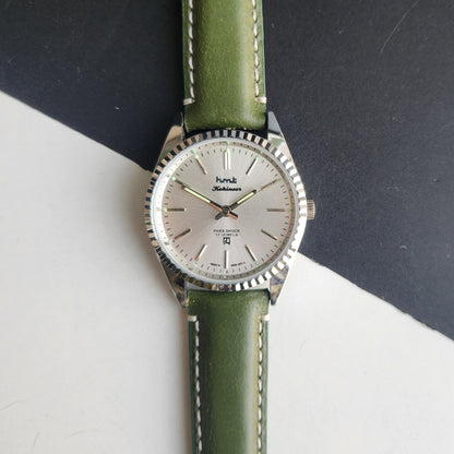Vintage HMT Kohinoor Hand Winding 17 Jewels Silver Face Fluted Bezel Green Leather strap Men's Wrist Watch G39