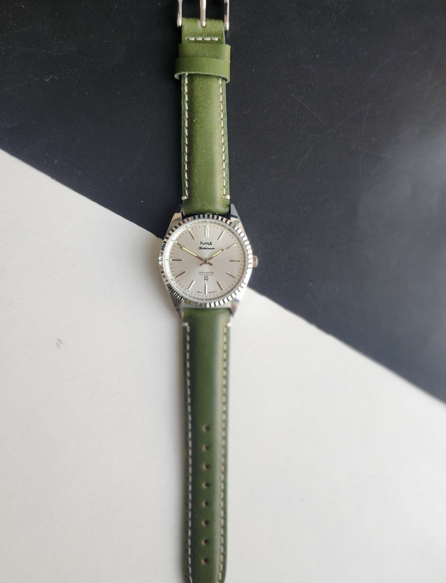 Vintage HMT Kohinoor Hand Winding 17 Jewels Silver Face Fluted Bezel Green Leather strap Men's Wrist Watch G39