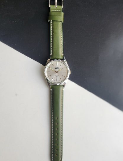 Vintage HMT Kohinoor Hand Winding 17 Jewels Silver Face Fluted Bezel Green Leather strap Men's Wrist Watch G39