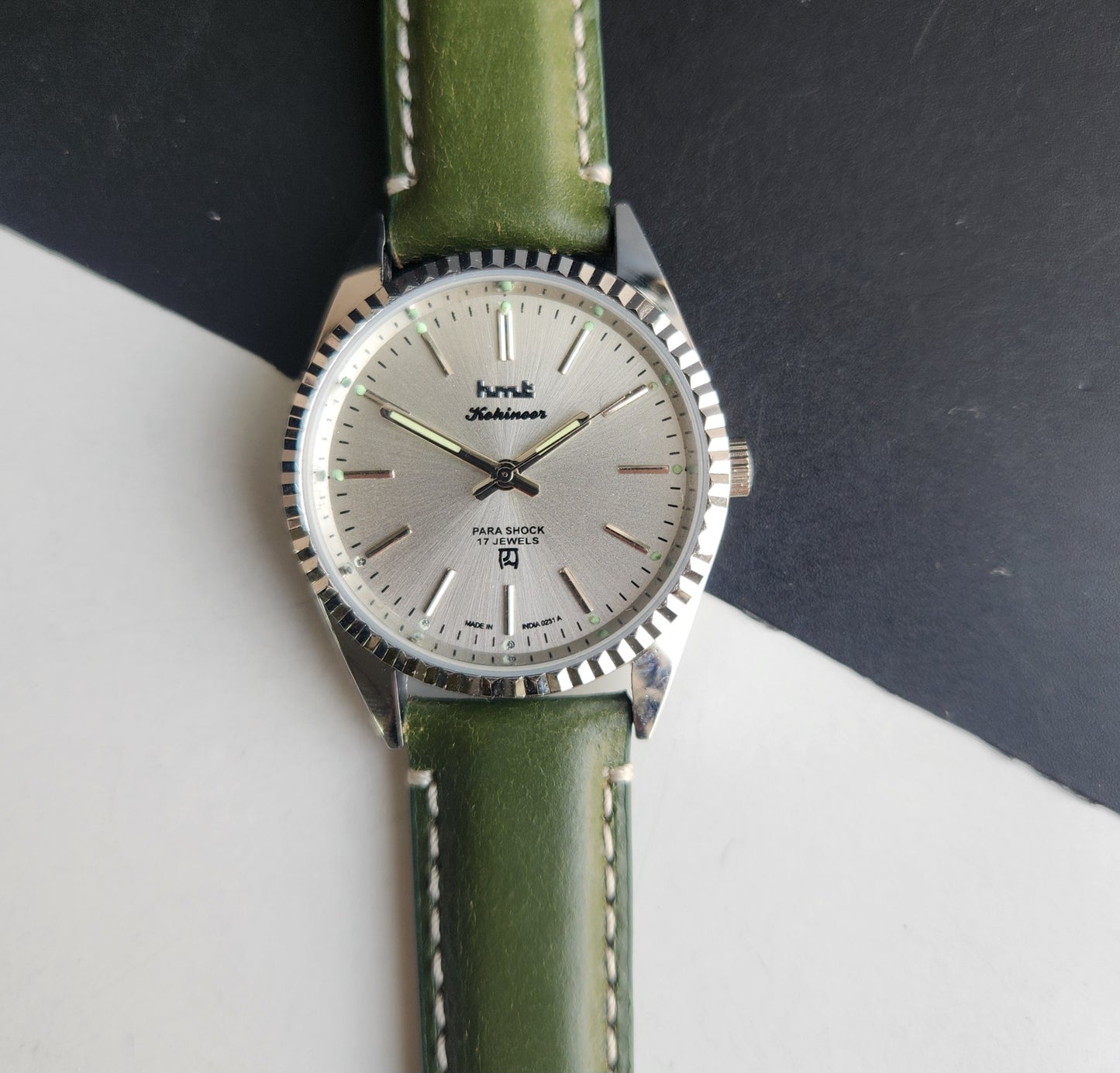 Vintage HMT Kohinoor Hand Winding 17 Jewels Silver Face Fluted Bezel Green Leather strap Men's Wrist Watch G39