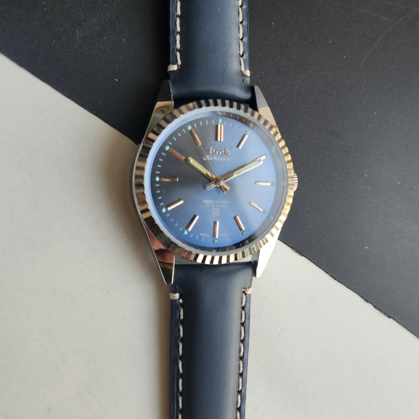 Vintage HMT Kohinoor Hand Winding 17 Jewels Blue Face Fluted Bezel Blue Leather strap Men's Wrist Watch G38
