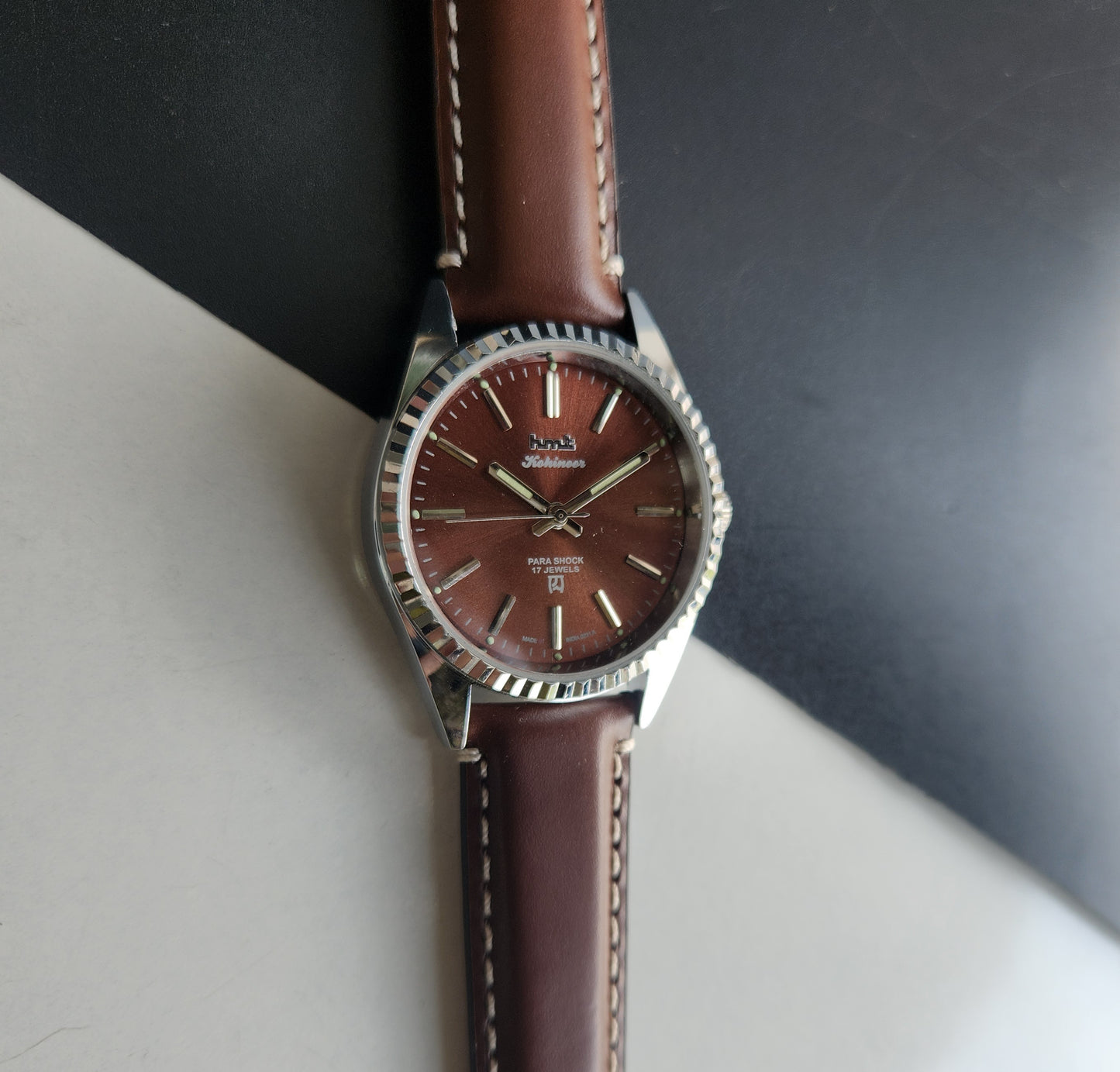 Vintage HMT Kohinoor Hand Winding 17 Jewels Brown Face Fluted Bezel Brown Leather strap Men's Wrist Watch G37