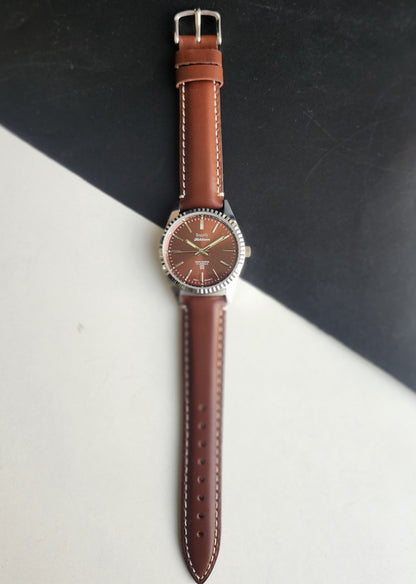 Vintage HMT Kohinoor Hand Winding 17 Jewels Brown Face Fluted Bezel Brown Leather strap Men's Wrist Watch G37