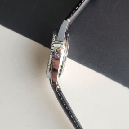 Vintage HMT Kohinoor Hand Winding 17 Jewels Sky Blue Face Fluted Bezel Black Leather strap Men's Wrist Watch G36