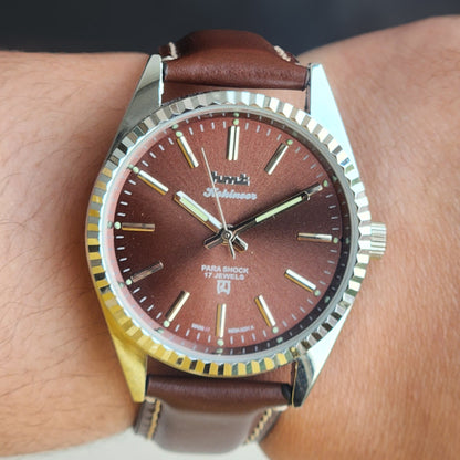 Vintage HMT Kohinoor Hand Winding 17 Jewels Brown Face Fluted Bezel Brown Leather strap Men's Wrist Watch G37