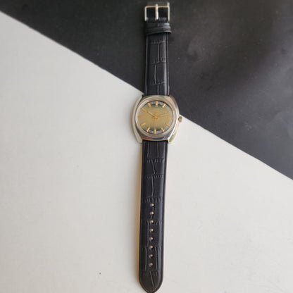 Vintage Original HMT Chirag Hand Winding 17 Jewels Green Face Black Leather Strap Men's Wrist Watch F99