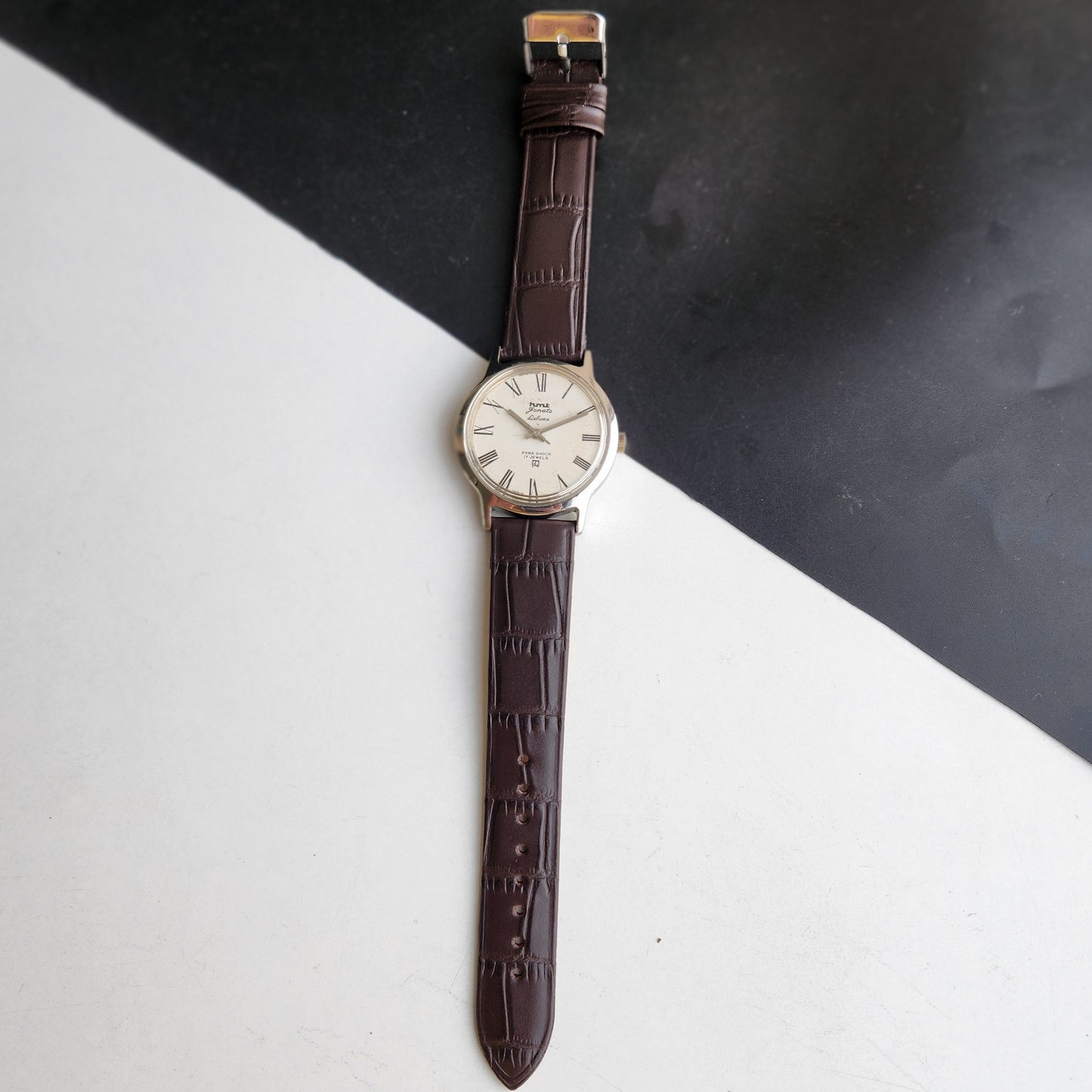 Vintage Original HMT Janata Hand Winding 17 Jewels White Off Face Brown Leather Strap Men's Wrist Watch G03
