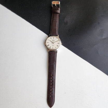 Vintage Original HMT Janata Hand Winding 17 Jewels White Off Face Brown Leather Strap Men's Wrist Watch G03