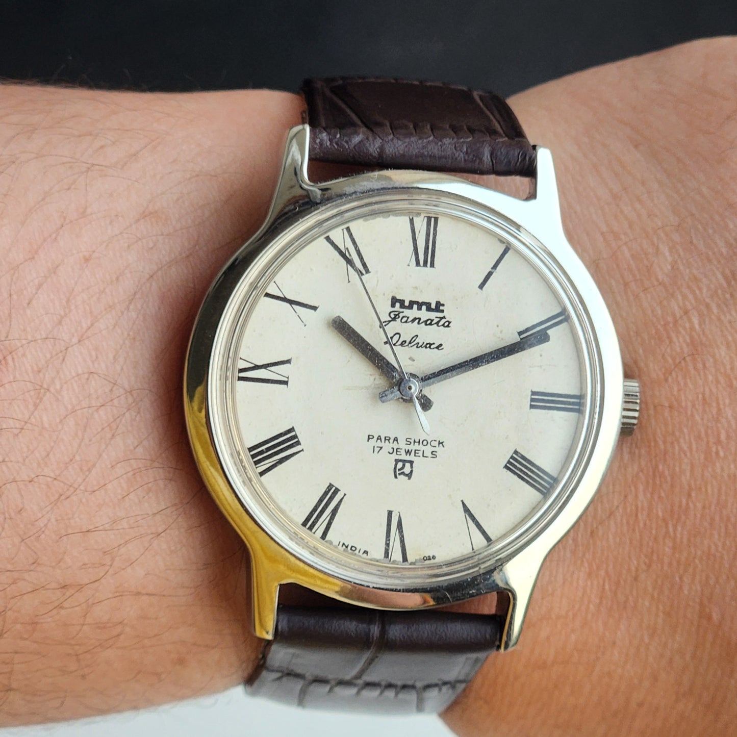 Vintage Original HMT Janata Hand Winding 17 Jewels White Off Face Brown Leather Strap Men's Wrist Watch G03