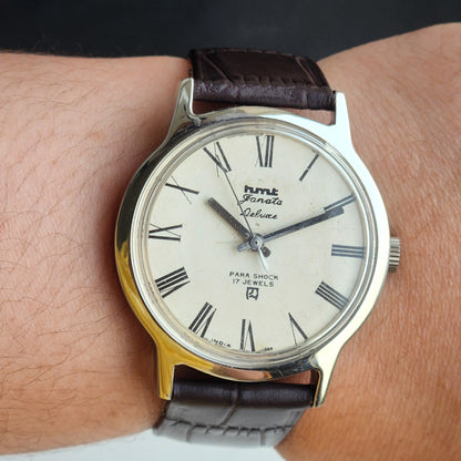 Vintage Original HMT Janata Hand Winding 17 Jewels White Off Face Brown Leather Strap Men's Wrist Watch G03