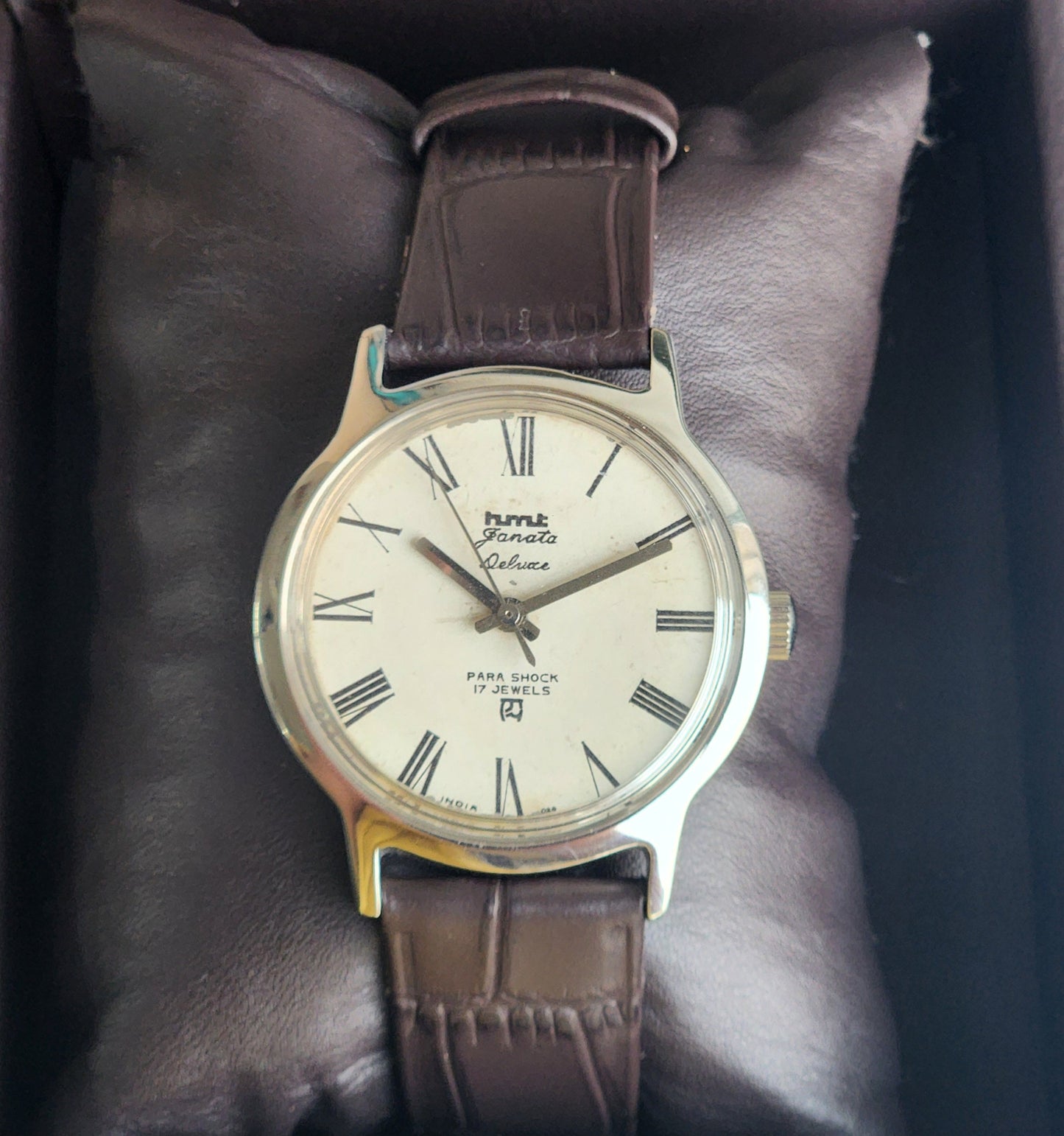 Vintage Original HMT Janata Hand Winding 17 Jewels White Off Face Brown Leather Strap Men's Wrist Watch G03