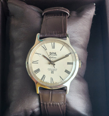 Vintage Original HMT Janata Hand Winding 17 Jewels White Off Face Brown Leather Strap Men's Wrist Watch G03