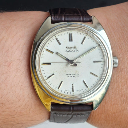 Vintage Original HMT Kohinoor Hand Winding 17 Jewels White Face Brown Leather Strap Men's Wrist Watch G06