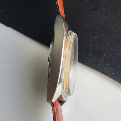 Vintage Original HMT Vijay  Hand Winding 17 Jewels Golden Face Brown Leather Strap Men's Wrist Watch F98
