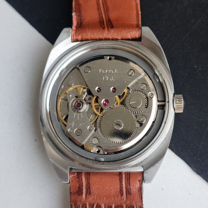 Vintage Original HMT Vijay  Hand Winding 17 Jewels Golden Face Brown Leather Strap Men's Wrist Watch F98
