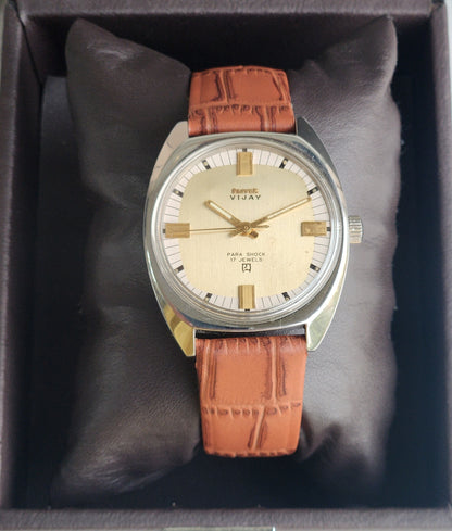 Vintage Original HMT Vijay  Hand Winding 17 Jewels Golden Face Brown Leather Strap Men's Wrist Watch F98
