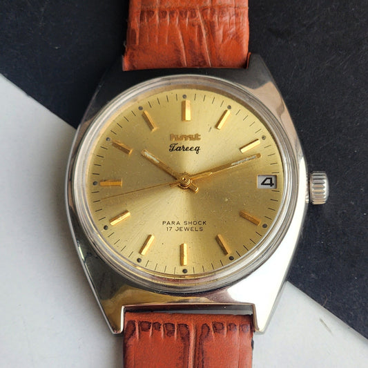 Vintage Original HMT Tareeq Hand Winding 17 Jewels Golden Face Brown Leather Strap Date Men's Wrist Watch G04