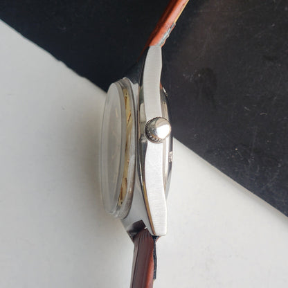 Vintage Original HMT Tareeq Hand Winding 17 Jewels Golden Face Brown Leather Strap Date Men's Wrist Watch G04