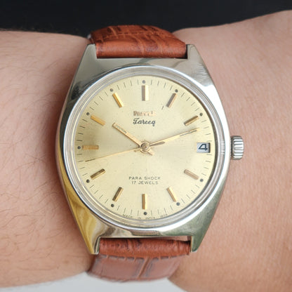 Vintage Original HMT Tareeq Hand Winding 17 Jewels Golden Face Brown Leather Strap Date Men's Wrist Watch G04