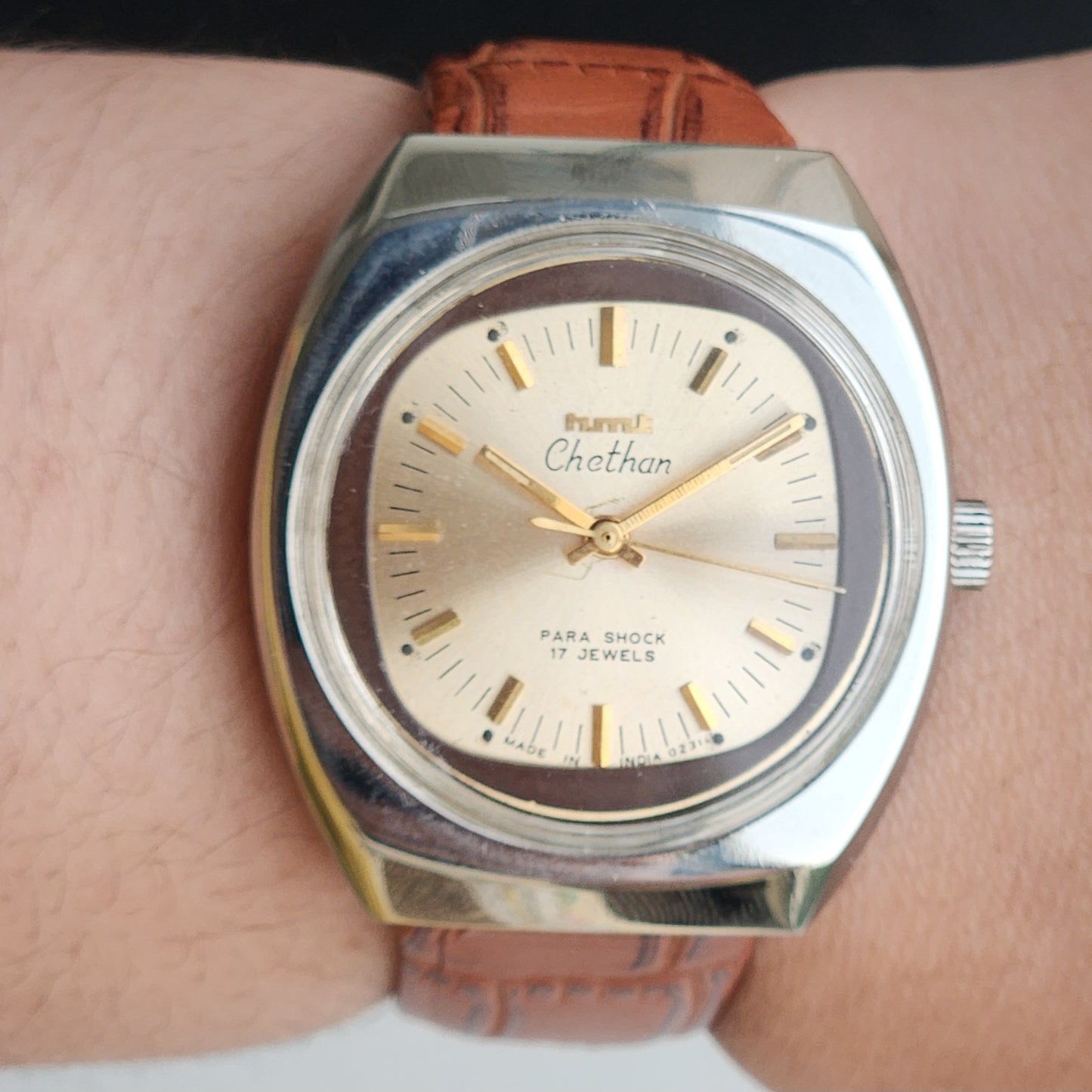 Vintage Original HMT Chethan Hand Winding 17 Jewels Golden Face Brown Leather Strap Men's Wrist Watch G08