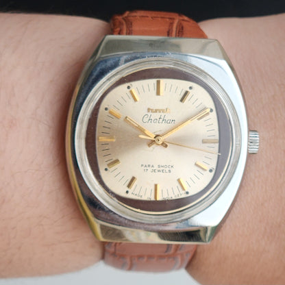 Vintage Original HMT Chethan Hand Winding 17 Jewels Golden Face Brown Leather Strap Men's Wrist Watch G08