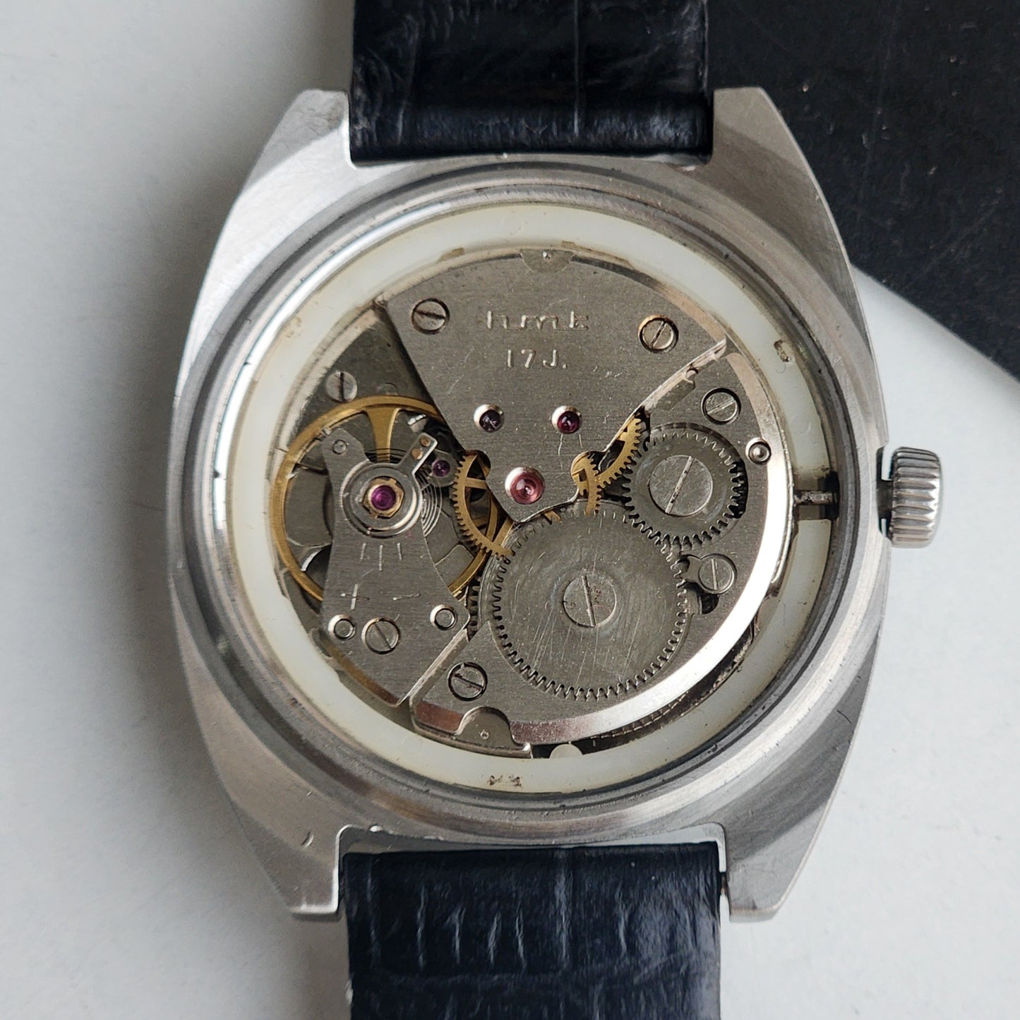 Vintage Original HMT Vijay Hand Winding 17 Jewels Silver Black Leather Strap Men's Wrist Watch G05