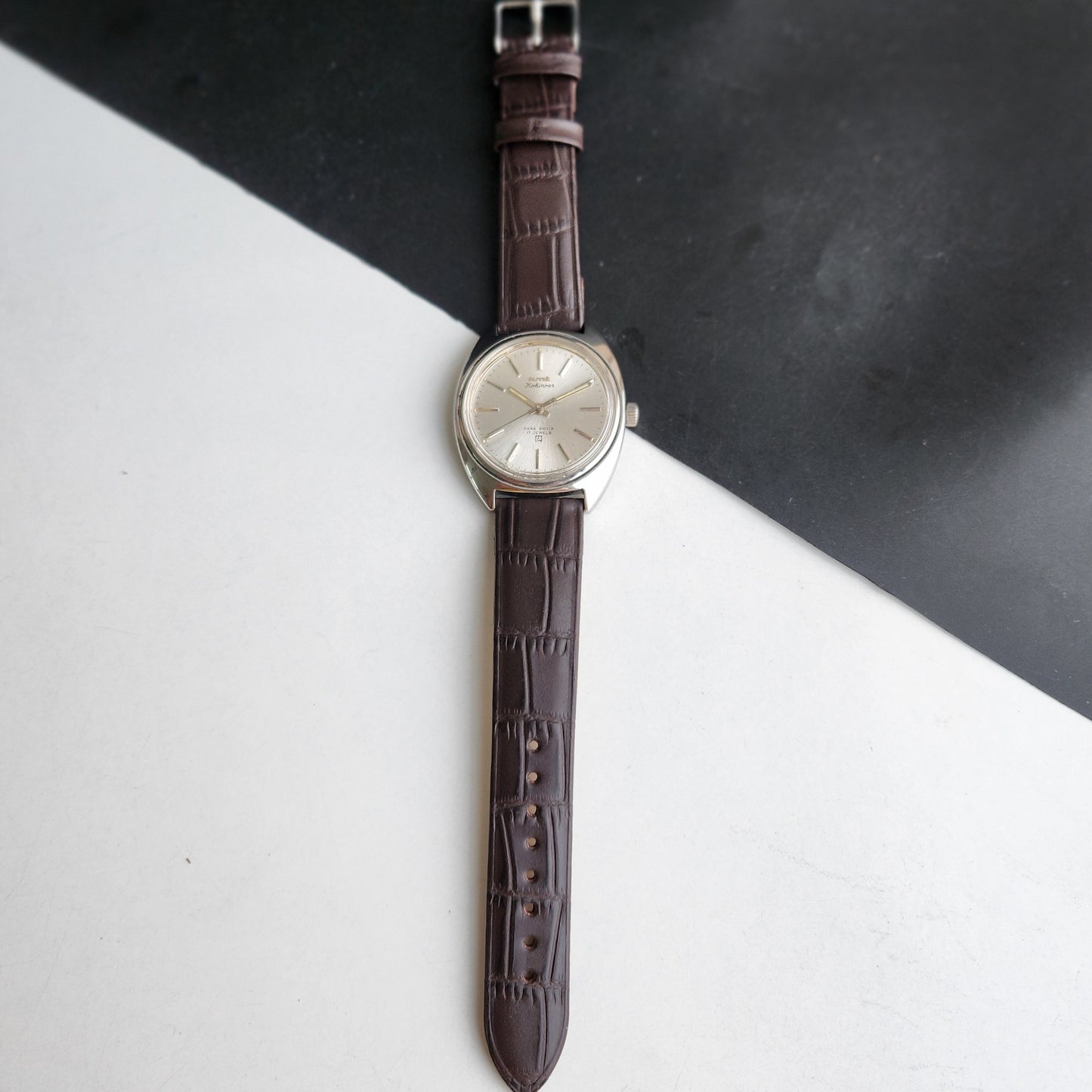 Vintage Original HMT Kohinoor Hand Winding 17 Jewels Silver Face Brown Leather Strap Men's Wrist Watch G02