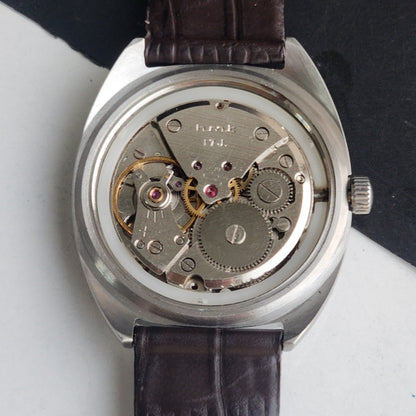 Vintage Original HMT Kohinoor Hand Winding 17 Jewels Silver Face Brown Leather Strap Men's Wrist Watch G02