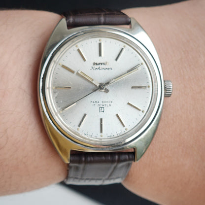 Vintage Original HMT Kohinoor Hand Winding 17 Jewels Silver Face Brown Leather Strap Men's Wrist Watch G02