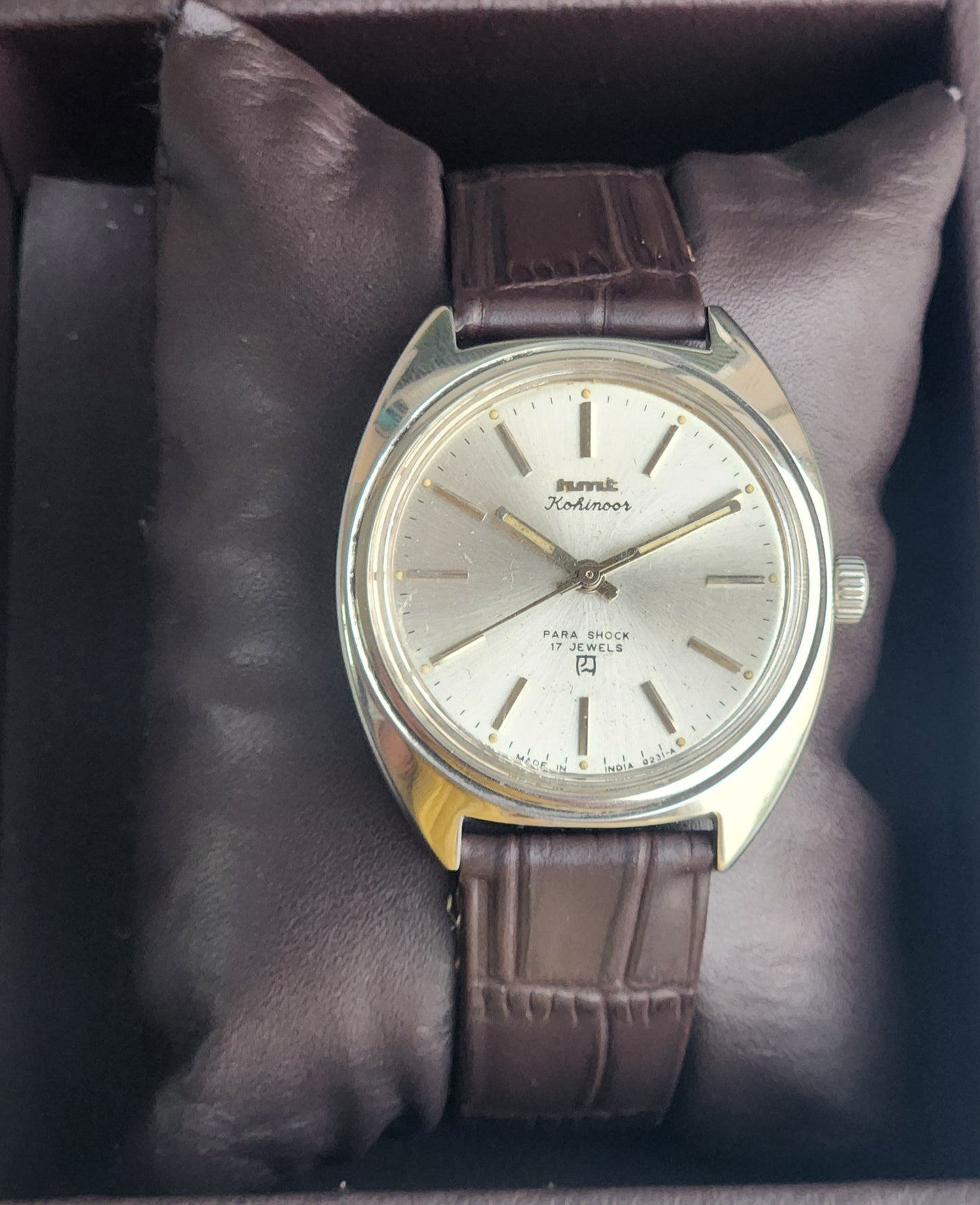 Vintage Original HMT Kohinoor Hand Winding 17 Jewels Silver Face Brown Leather Strap Men's Wrist Watch G02