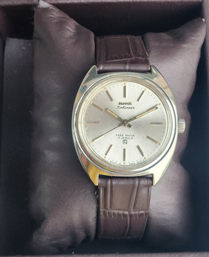 Vintage Original HMT Kohinoor Hand Winding 17 Jewels Silver Face Brown Leather Strap Men's Wrist Watch G02