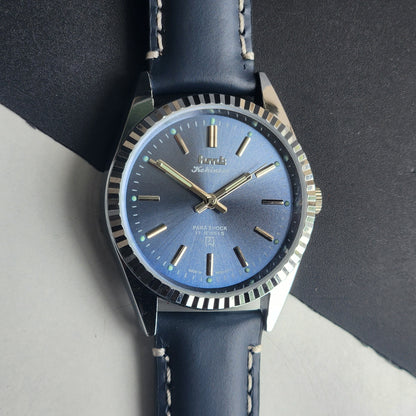 Vintage HMT Kohinoor Hand Winding 17 Jewels Blue Face Fluted Bezel Blue Leather strap Men's Wrist Watch G35