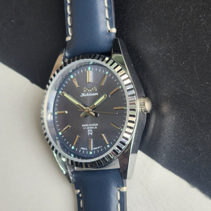Vintage HMT Kohinoor Hand Winding 17 Jewels Blue Face Fluted Bezel Blue Leather strap Men's Wrist Watch G35