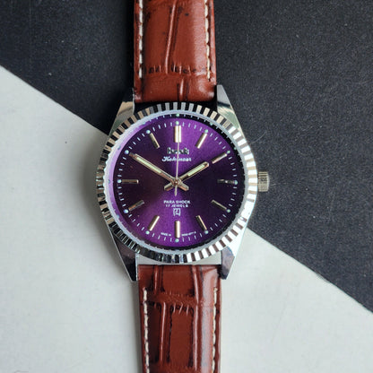 Vintage HMT Kohinoor Hand Winding 17 Jewels Purple Face Fluted Bezel Brown Leather strap Men's Wrist Watch G34