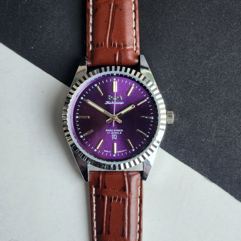 Vintage MOD HMT Kohinoor Hand Winding 17 Jewels Purple Face Fluted Bezel Brown Leather strap Men's Wrist Watch G34