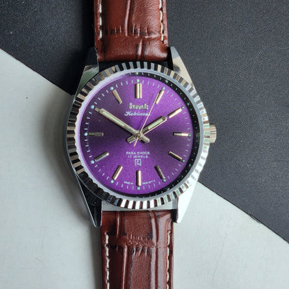 Vintage HMT Kohinoor Hand Winding 17 Jewels Purple Face Fluted Bezel Brown Leather strap Men's Wrist Watch G34