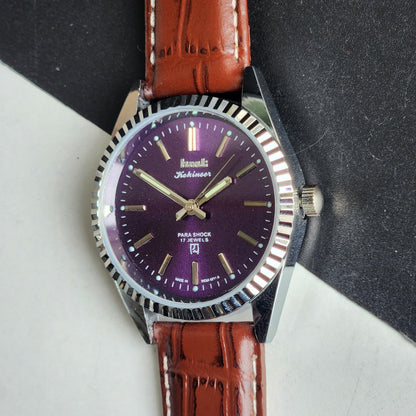 Vintage HMT Kohinoor Hand Winding 17 Jewels Purple Face Fluted Bezel Brown Leather strap Men's Wrist Watch G34