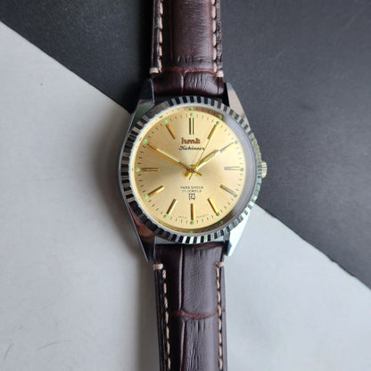 Vintage HMT Kohinoor Hand Winding 17 Jewels Golden Face Fluted Bezel Brown Leather strap Men's Wrist Watch G33