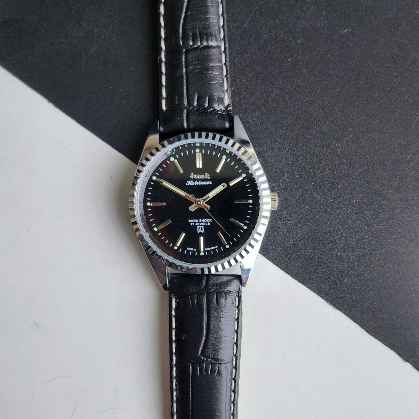 Vintage HMT Kohinoor Hand Winding 17 Jewels Black Face Fluted Bezel Black Leather strap Men's Wrist Watch G32