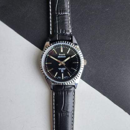 Vintage HMT Kohinoor Hand Winding 17 Jewels Black Face Fluted Bezel Black Leather strap Men's Wrist Watch G32