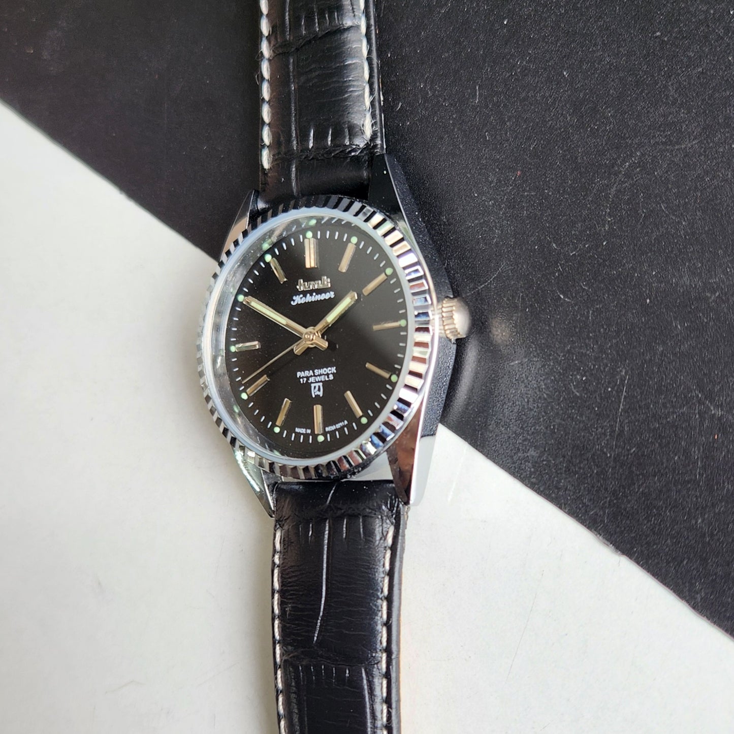 Vintage HMT Kohinoor Hand Winding 17 Jewels Black Face Fluted Bezel Black Leather strap Men's Wrist Watch G32