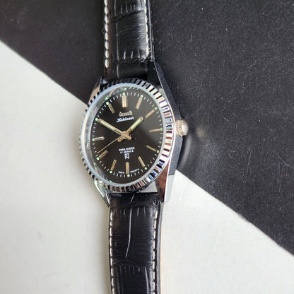 Vintage HMT Kohinoor Hand Winding 17 Jewels Black Face Fluted Bezel Black Leather strap Men's Wrist Watch G32