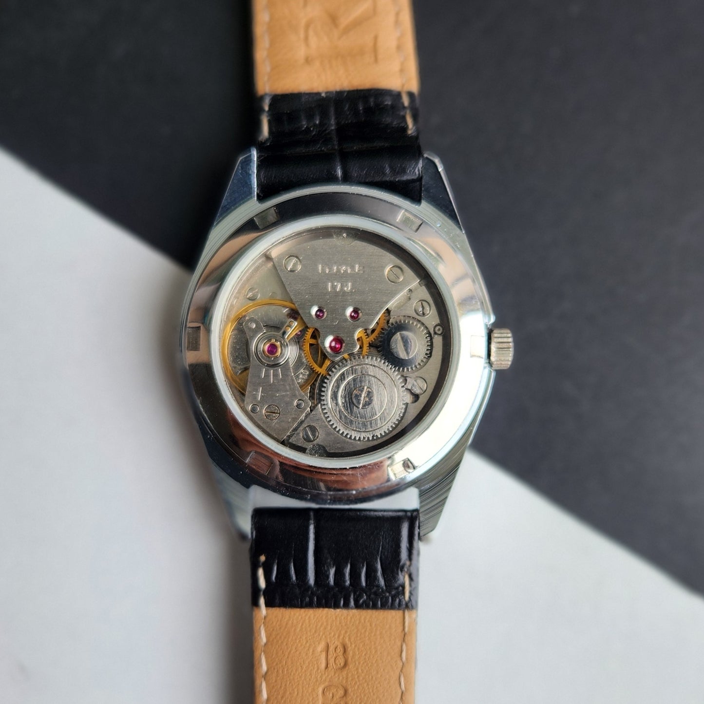 Vintage HMT Kohinoor Hand Winding 17 Jewels Black Face Fluted Bezel Black Leather strap Men's Wrist Watch G32