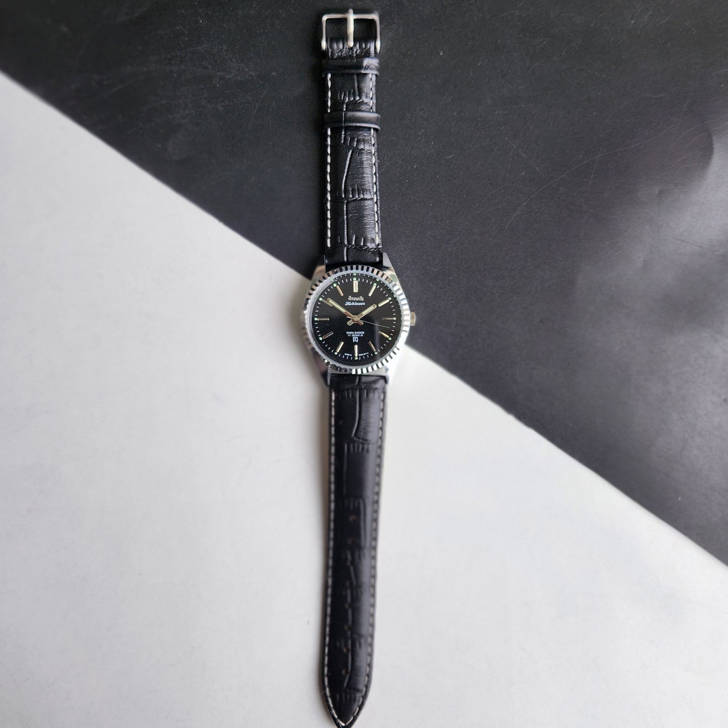 Vintage HMT Kohinoor Hand Winding 17 Jewels Black Face Fluted Bezel Black Leather strap Men's Wrist Watch G32